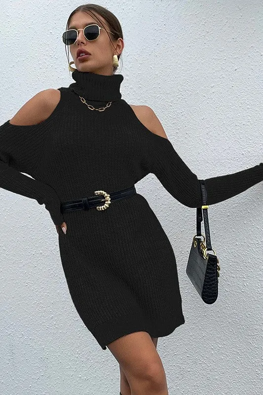 Blue Zone Planet |  Black Black Turtleneck Cold-Shoulder Sweater Dress