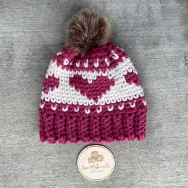 Blushing Hearts Beanie, Adult - Raspberry/Cream