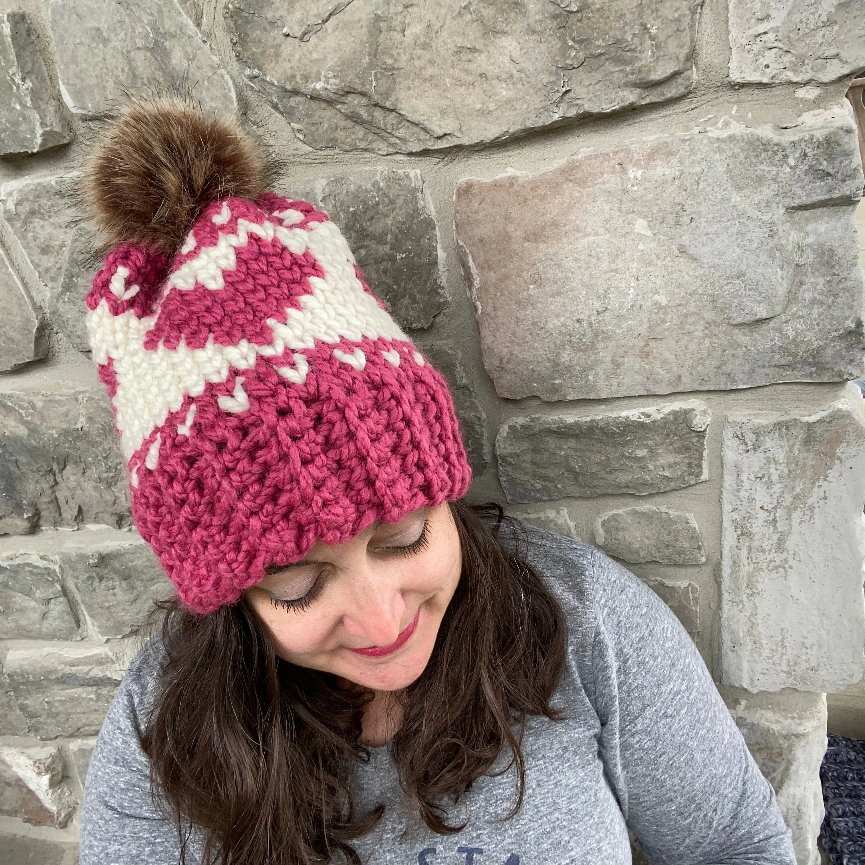 Blushing Hearts Beanie, Adult - Raspberry/Cream