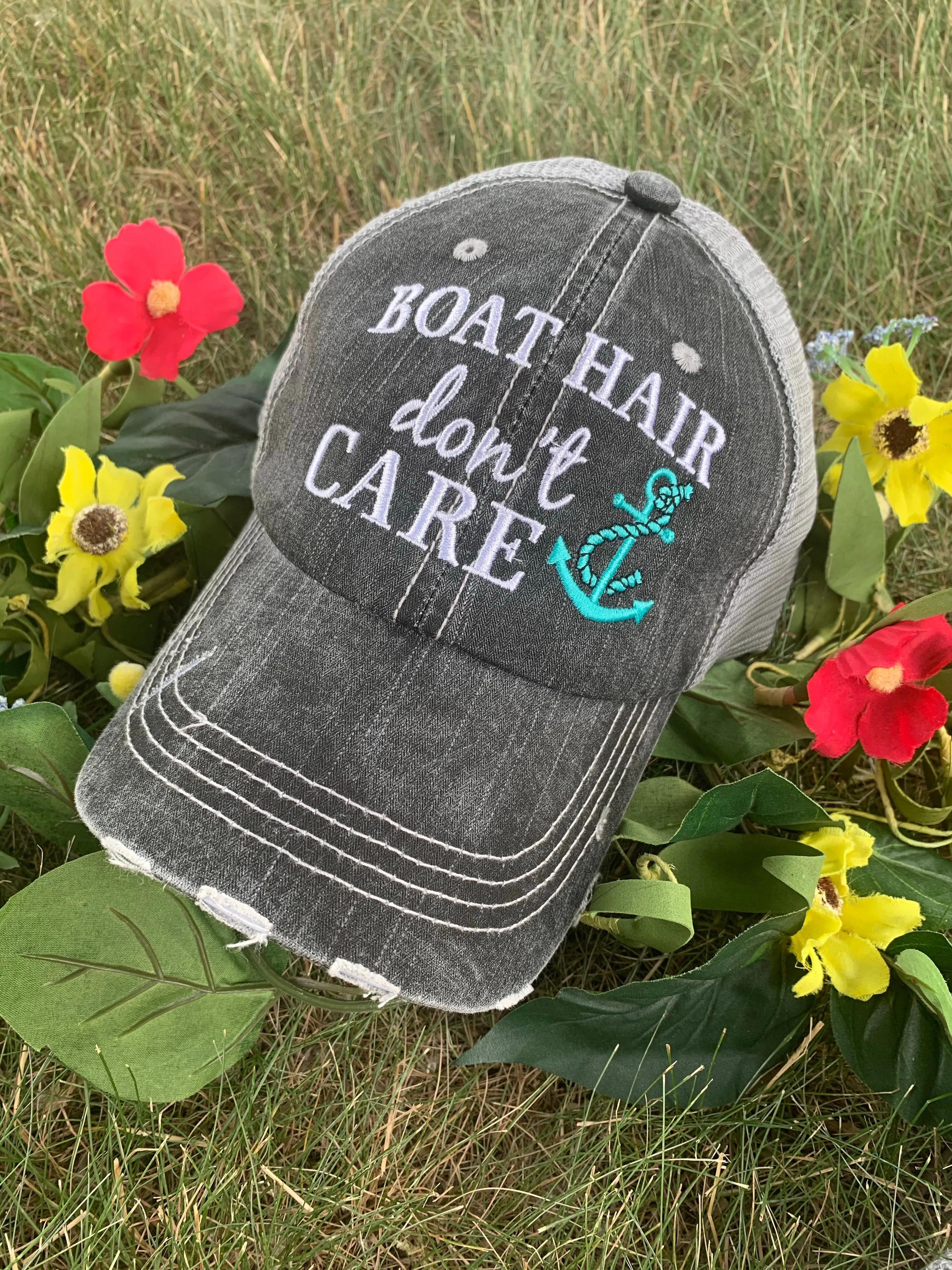 Boat hats Boat hair dont care Black embroidered trucker cap Adjustable mesh back