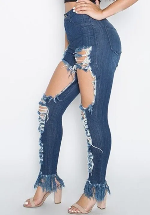 Bohemian babe cutout distressed fringe skinny jeans