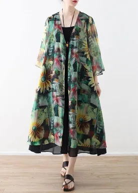 Bohemian Green Print Long Sleeve Chiffon Long Cardigan