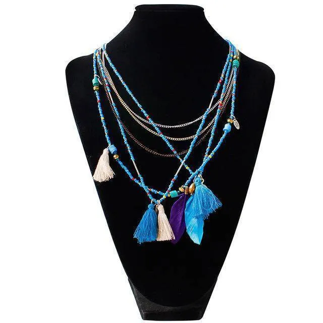 Bohemian  Necklaces Handmade Multilayered Beads Long Feather Tassel