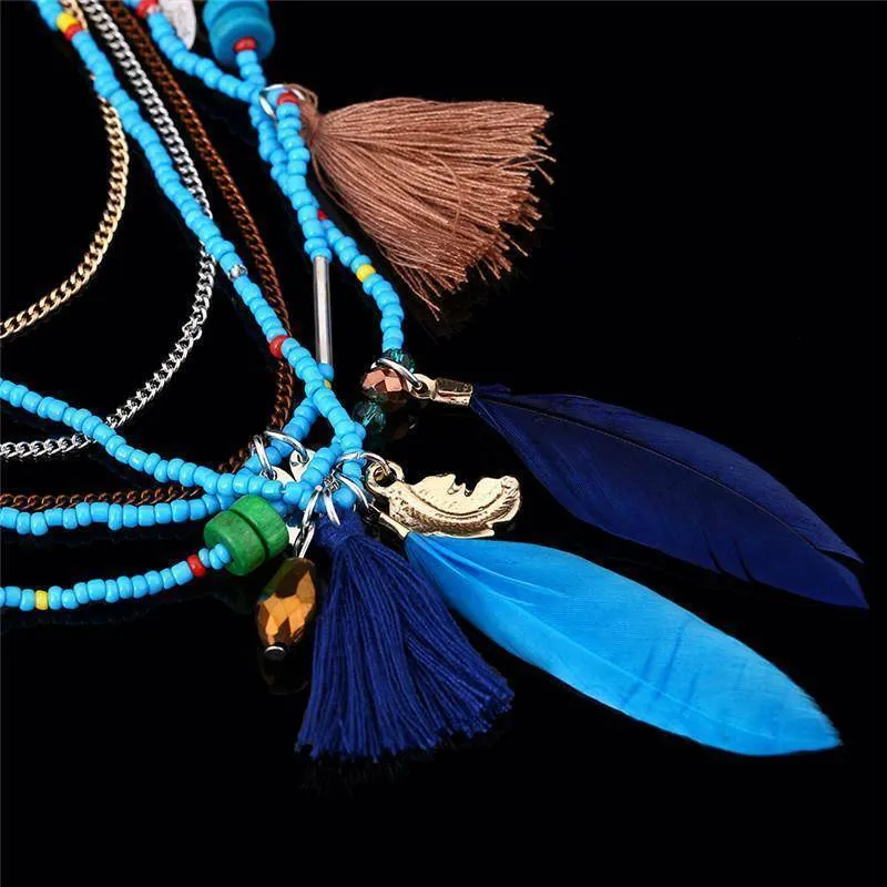 Bohemian  Necklaces Handmade Multilayered Beads Long Feather Tassel