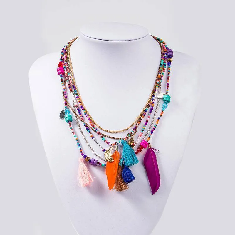 Bohemian  Necklaces Handmade Multilayered Beads Long Feather Tassel