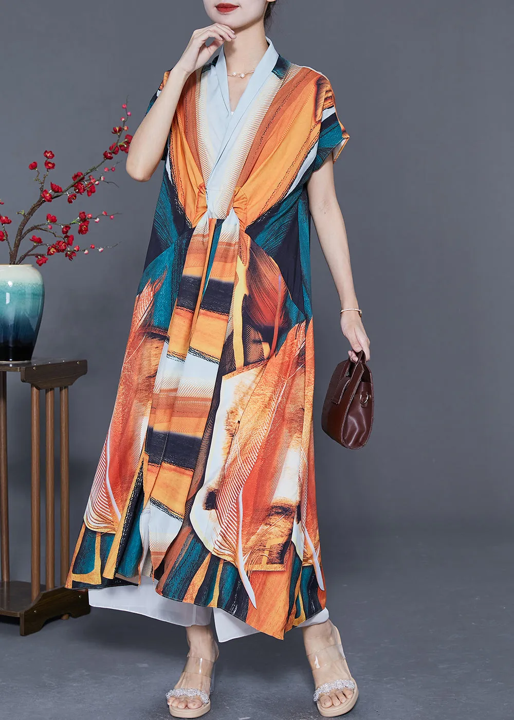 Bohemian Orange V Neck Print Chiffon Robe Dresses Summer LY5591