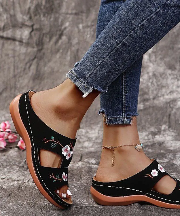 Bohemian Red Embroideried Faux Leather Splicing Wedge Slide Sandals LY2694