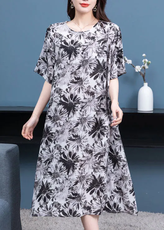 Boho Black Grey O Neck Print Patchwork Chiffon Dresses Half Sleeve LY6891