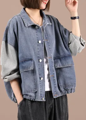 Boho Black Patchwork Pockets Fall Denim Jackets Long Sleeve