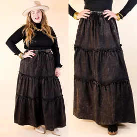 Boho Bliss Acid Wash Tiered Ruffle Maxi Skirt in Ash Black