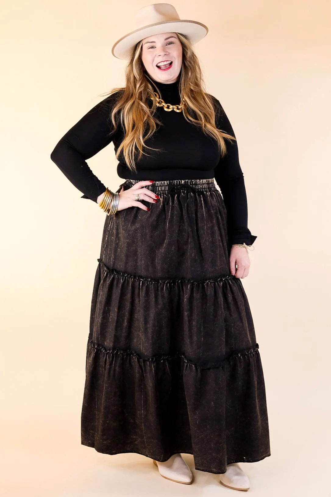 Boho Bliss Acid Wash Tiered Ruffle Maxi Skirt in Ash Black