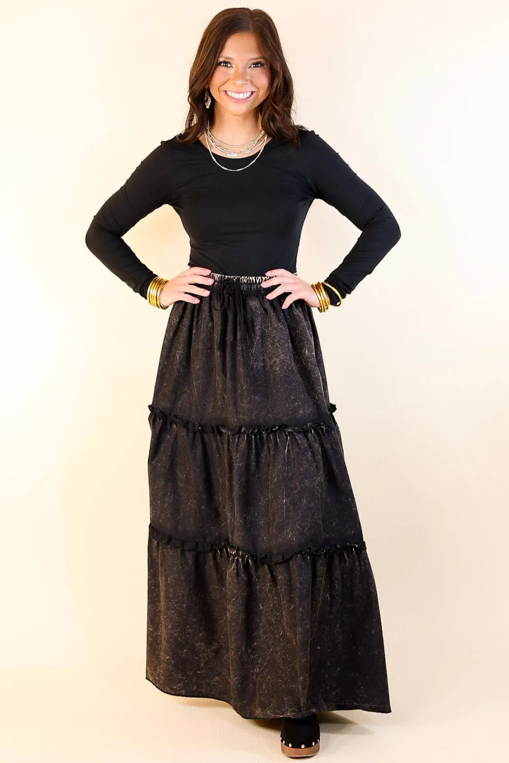 Boho Bliss Acid Wash Tiered Ruffle Maxi Skirt in Ash Black