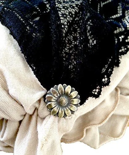 Boho Chic Artisan Head-scarf Tichel Embellished with Wide Floral Lace (Beige black lace - 326)