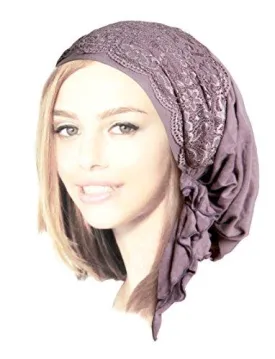 Boho Chic Artisan Head-scarf Tichel Embellished with Wide Floral Lace (Lavender short wide fancy lace - 186)