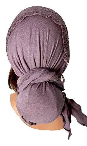 Boho Chic Lilac Head-scarf Embellished With Wide Fancy Floral Lace (Lavender long fancy wide lace - 185)