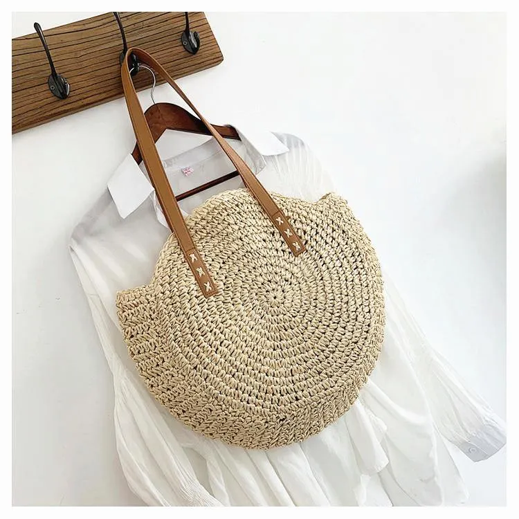 Boho Handmade Round Straw Tote Shoulder Bag