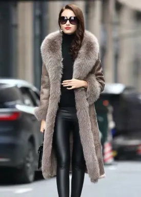 Boho Khaki Fox Collar Cinched Fuzzy Rabbit Leather And Fur Coats Winter LY9411