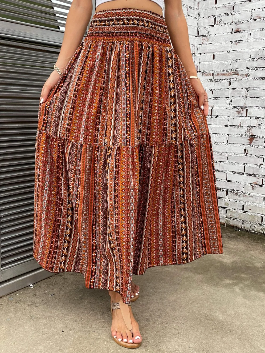 Boho Patten Skirt Women's Casual Printed Elastic Waist Maxi Skirt