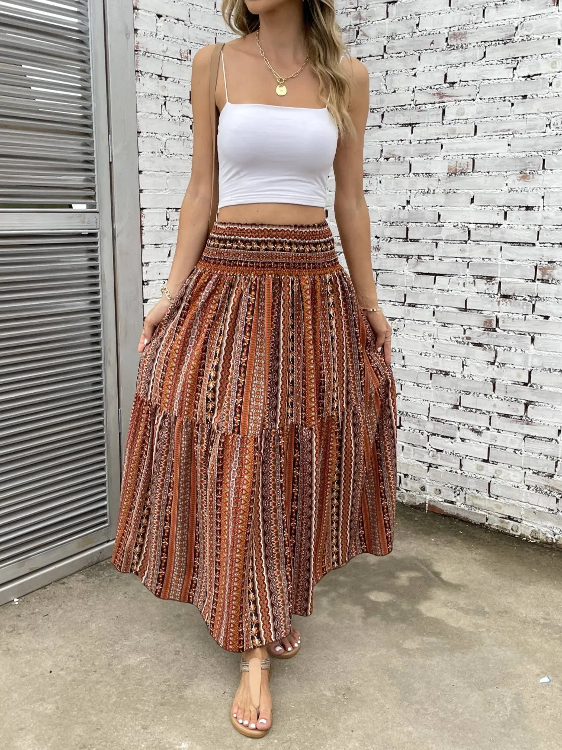 Boho Patten Skirt Women's Casual Printed Elastic Waist Maxi Skirt