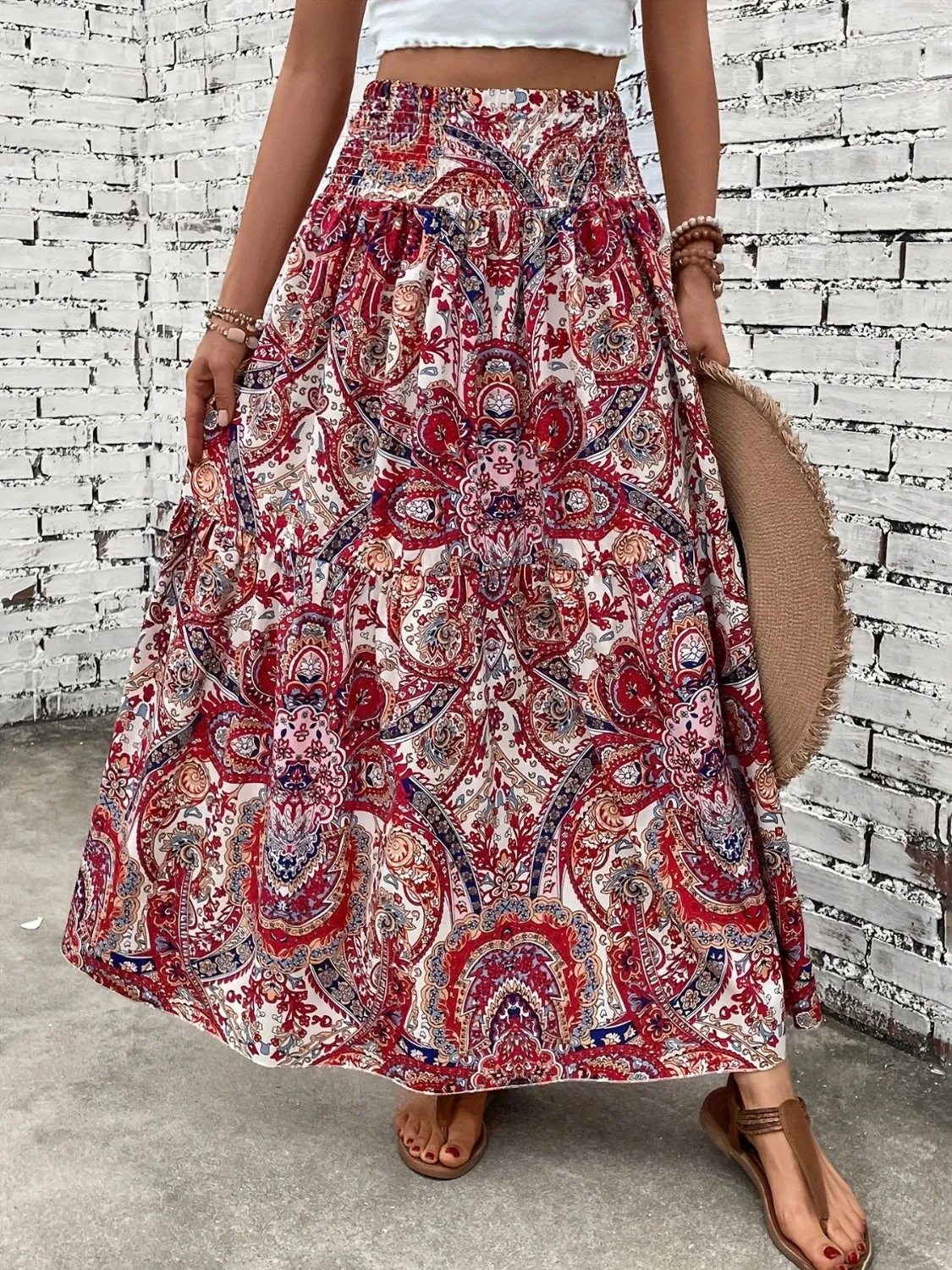 Boho Patten Skirt Women's Casual Printed Elastic Waist Maxi Skirt