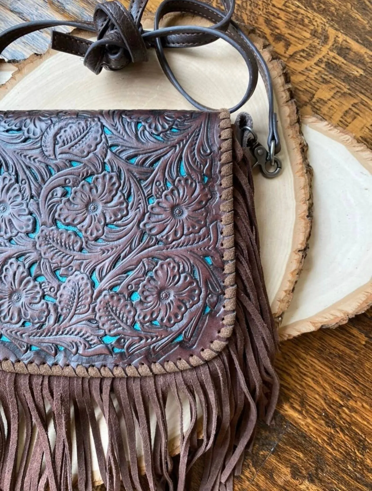 Boho Ranch Shop - THE LEXIE CROSSBODY - BROWN   TURQUOISE - Laser Cut Purse