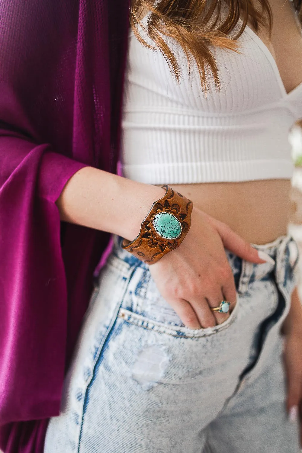 Boho Turquoise Stone Camel Leather Cuff Bracelet