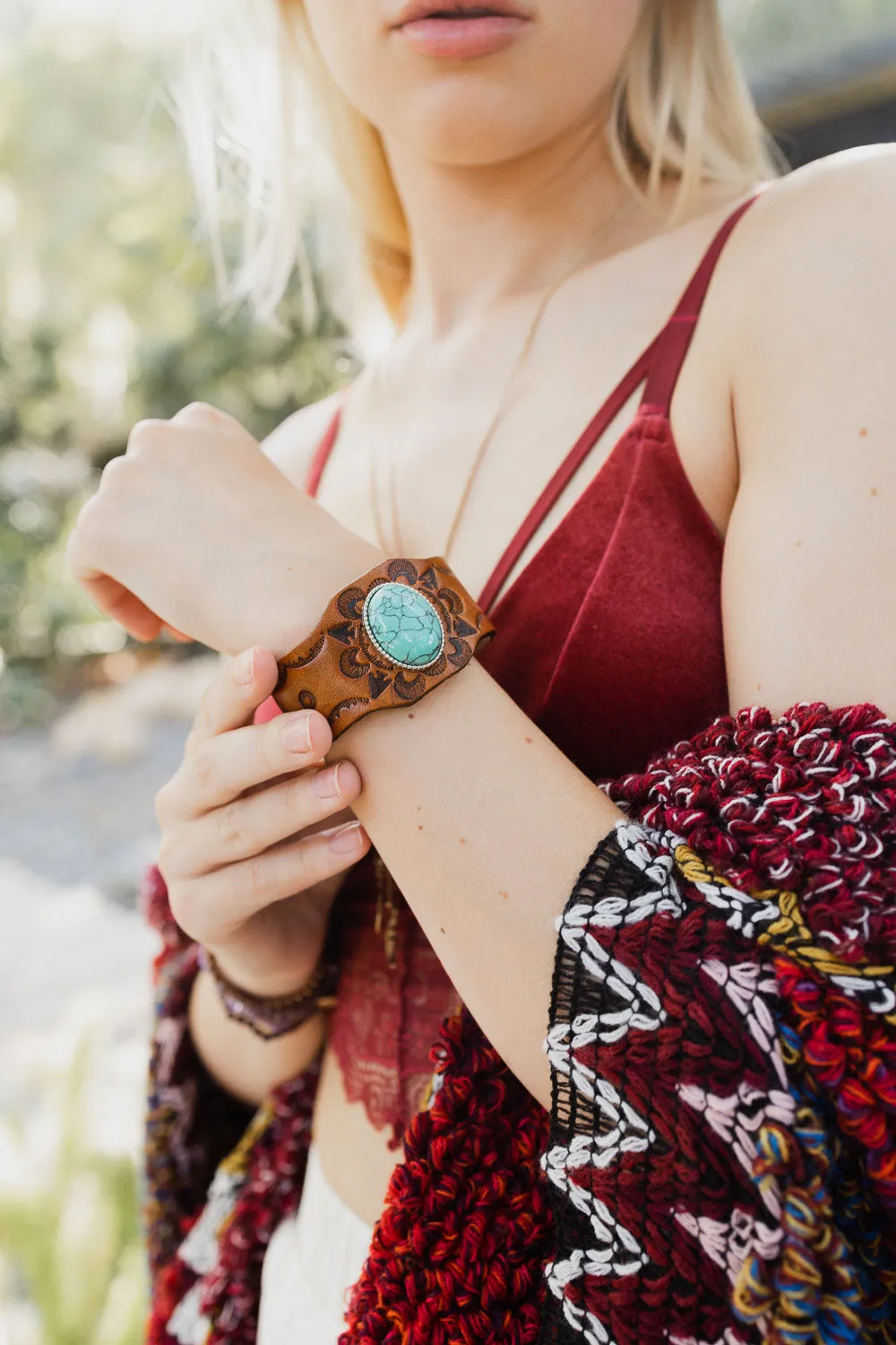 Boho Turquoise Stone Camel Leather Cuff Bracelet