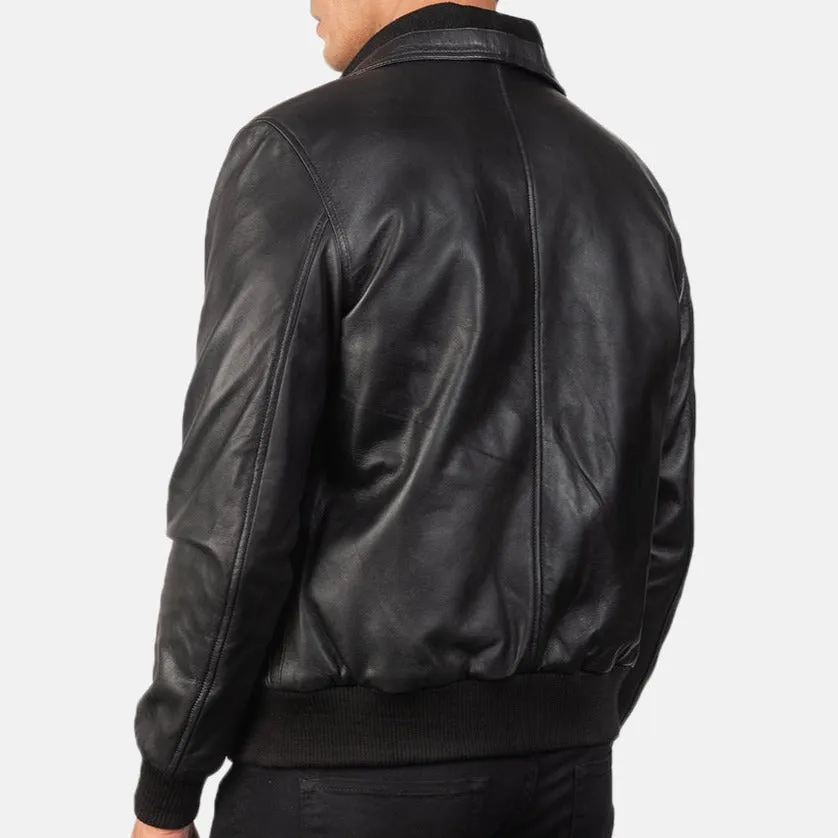 BOMBER-2404 MUSH Black Leather Bomber Jacket