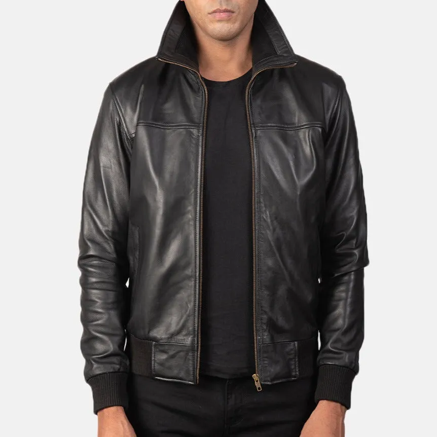 BOMBER-2404 MUSH Black Leather Bomber Jacket