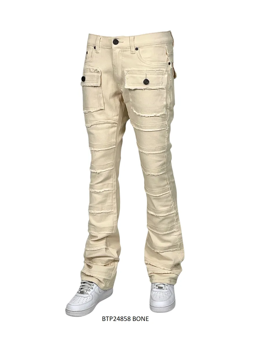 Bone Beige Stacked Jeans Men's Denim Pants Frayed Stack Fit with Pockets