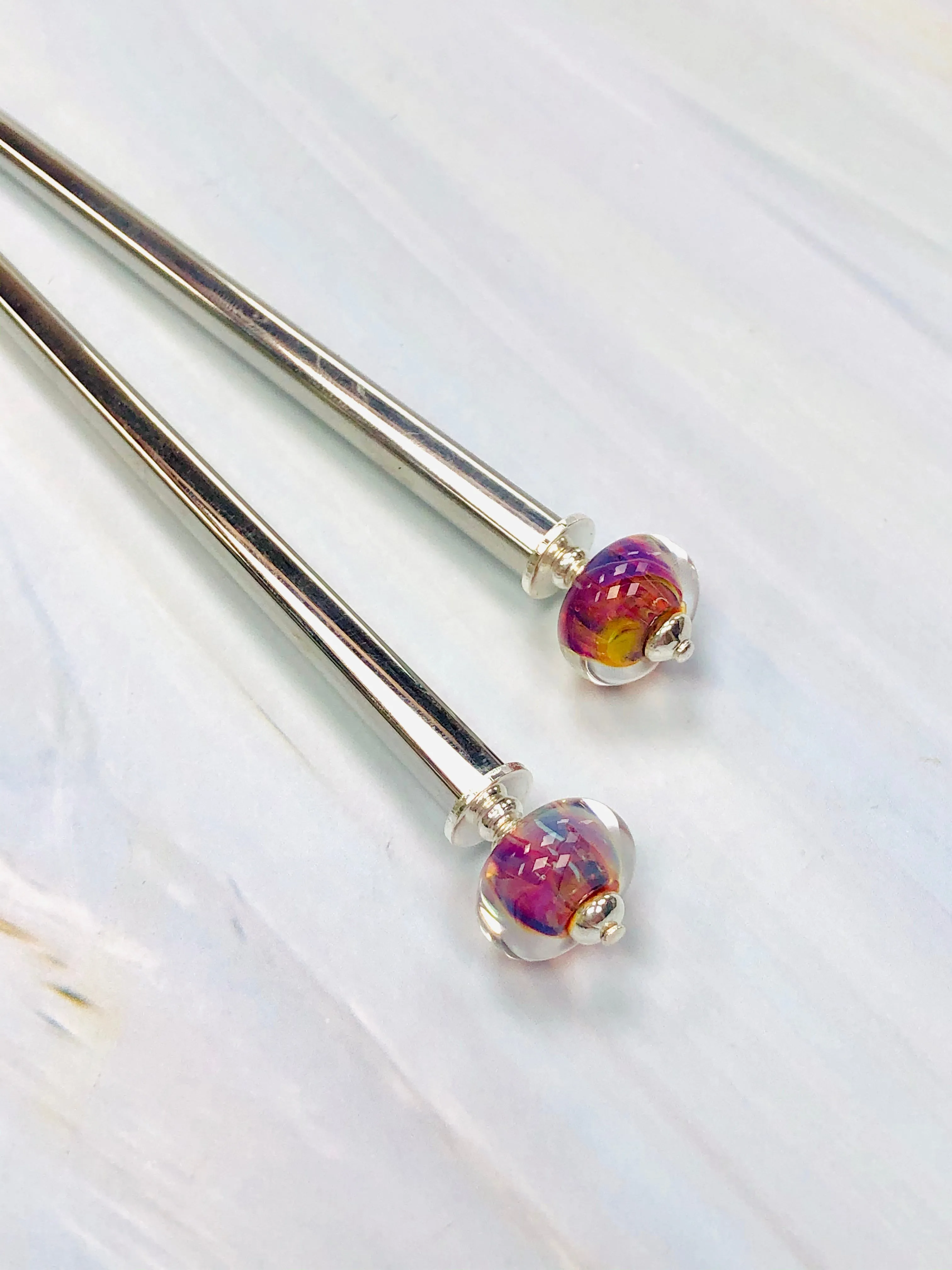 Borosilicate Magenta Art Glass Hair Sticks, hand made hair sticks, shawl pin