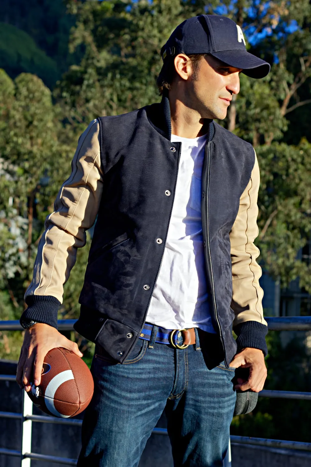 BOSTON 80 Leather Buffalo Suede Varsity Jacket - Blue & Ivory Stripes Raw Code