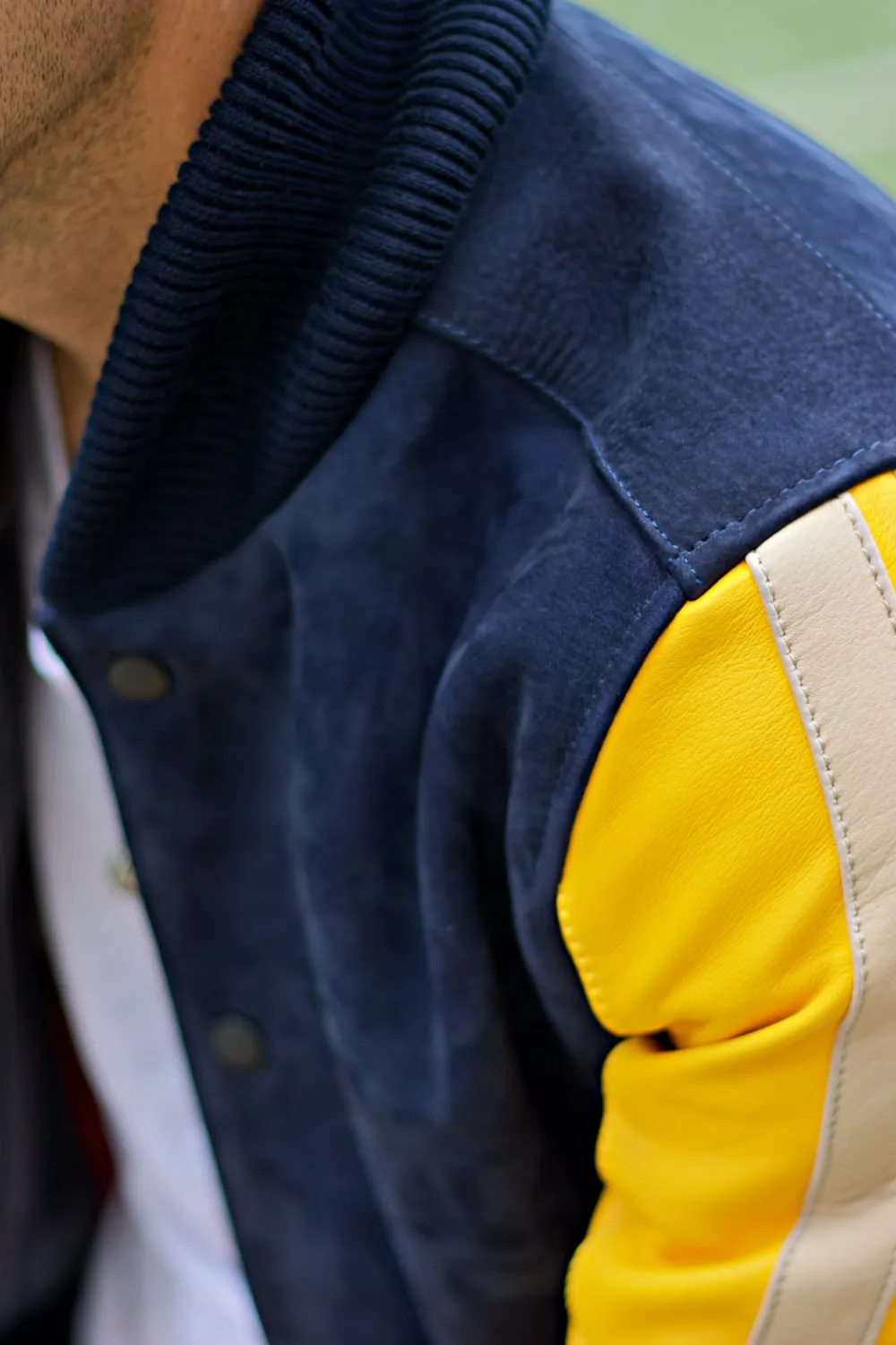 BOSTON 80 Leather Buffalo Suede Varsity Jacket - Blue & Yellow Raw Code Stripes