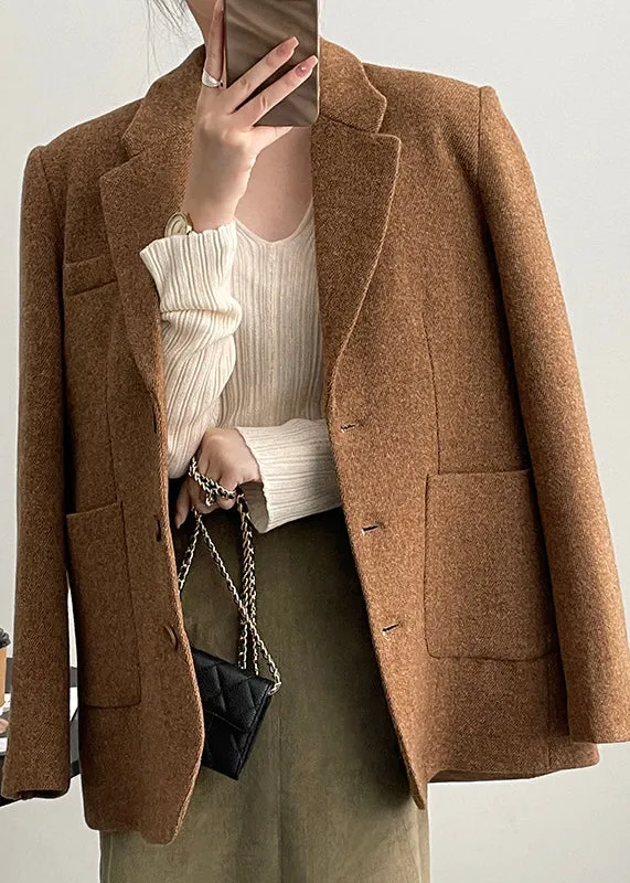 Boutique Caramel Brown Notched Pockets Button Woolen Coat Fall WD008