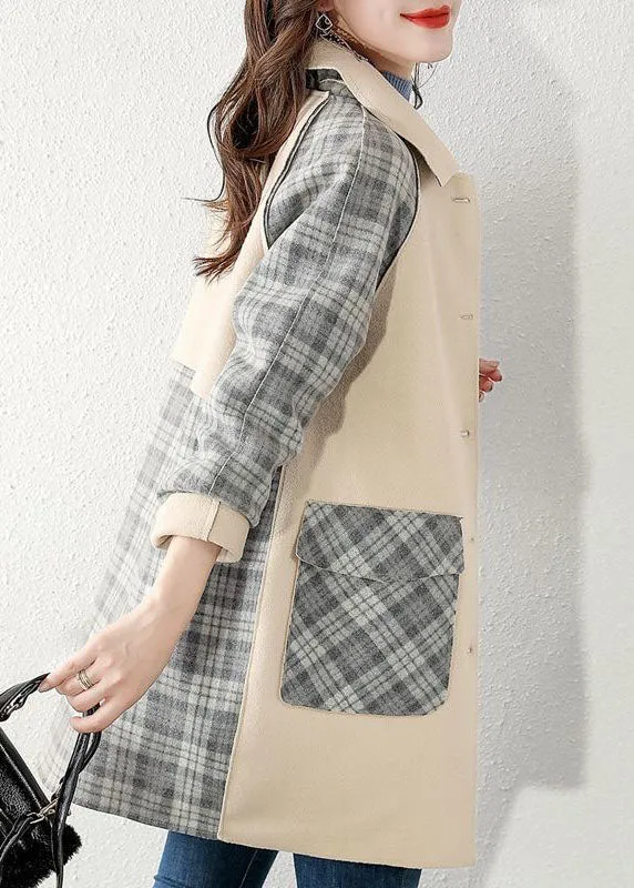 Boutique Grey Plaid Patchwork Woolen Winter Coat