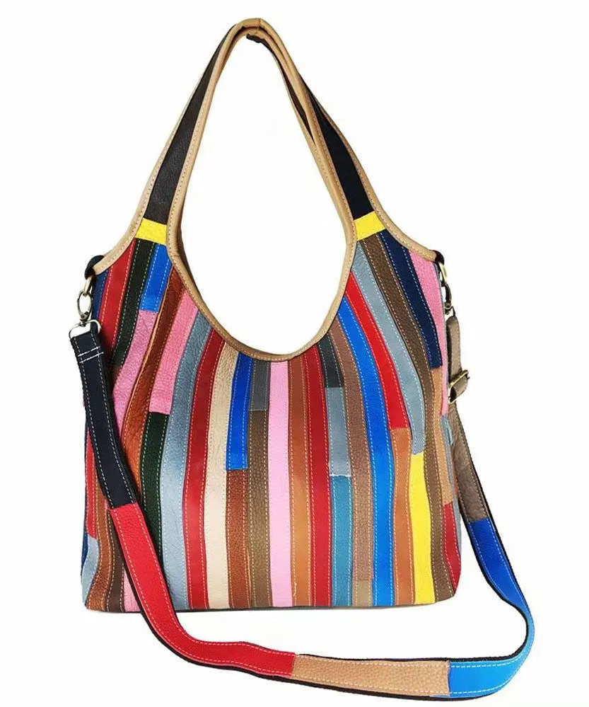 Boutique Striped Colorblock Calf Leather Satchel Bag Handbag HJ1044