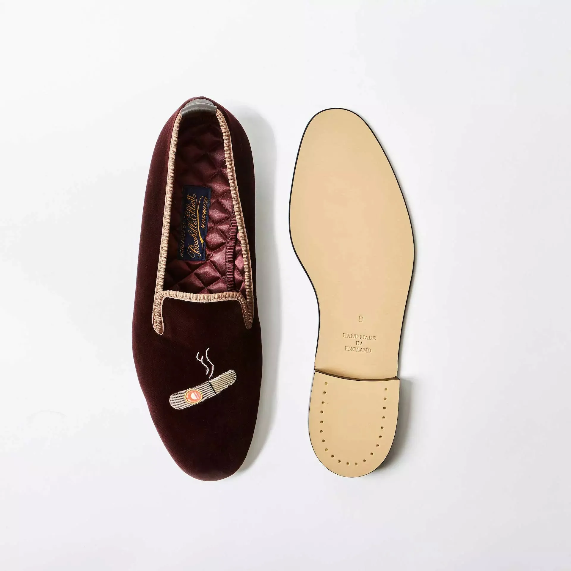 Bowhill & Elliot Brown Velvet Albert Slippers with Embroidered Cigar