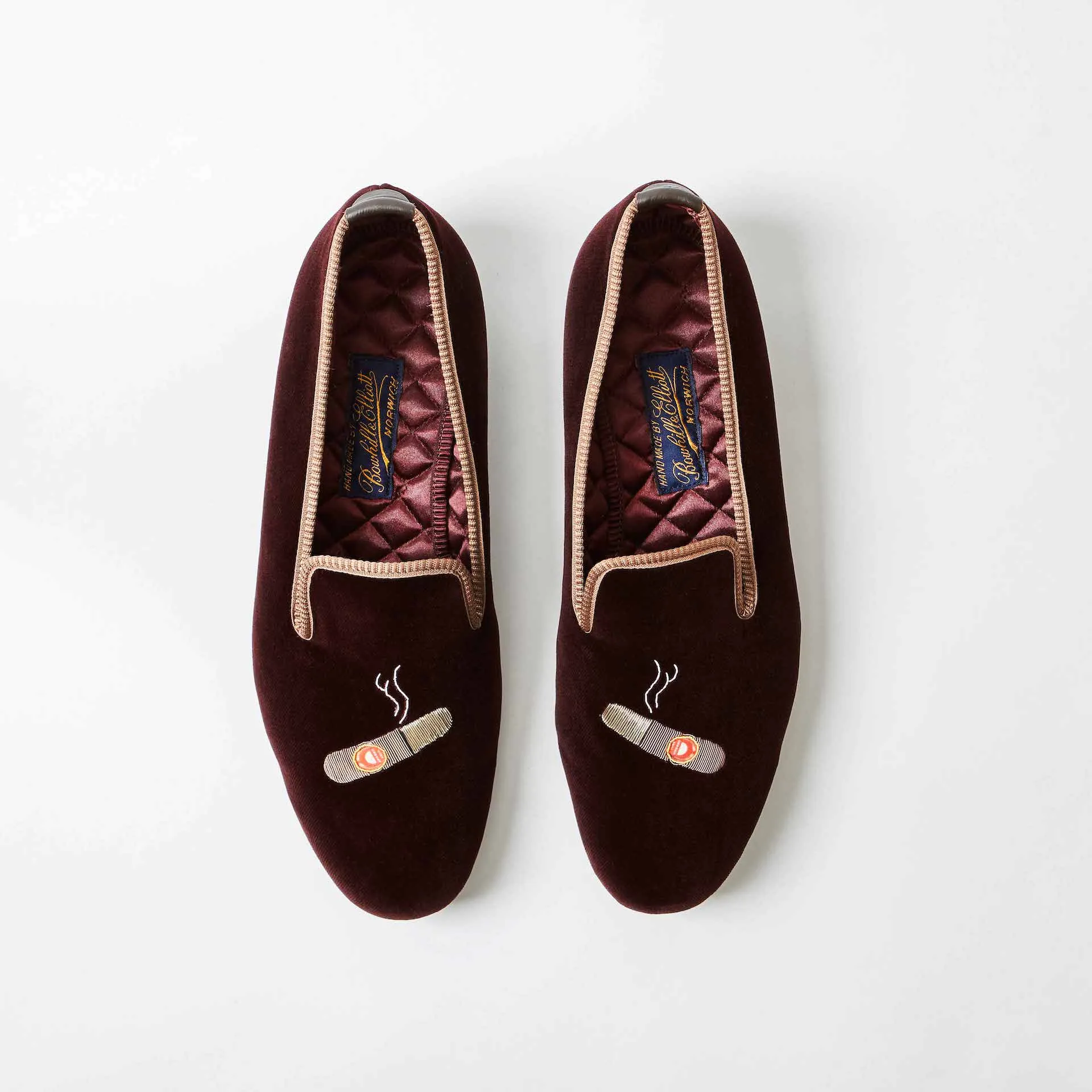 Bowhill & Elliot Brown Velvet Albert Slippers with Embroidered Cigar