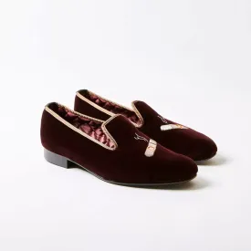 Bowhill & Elliot Brown Velvet Albert Slippers with Embroidered Cigar