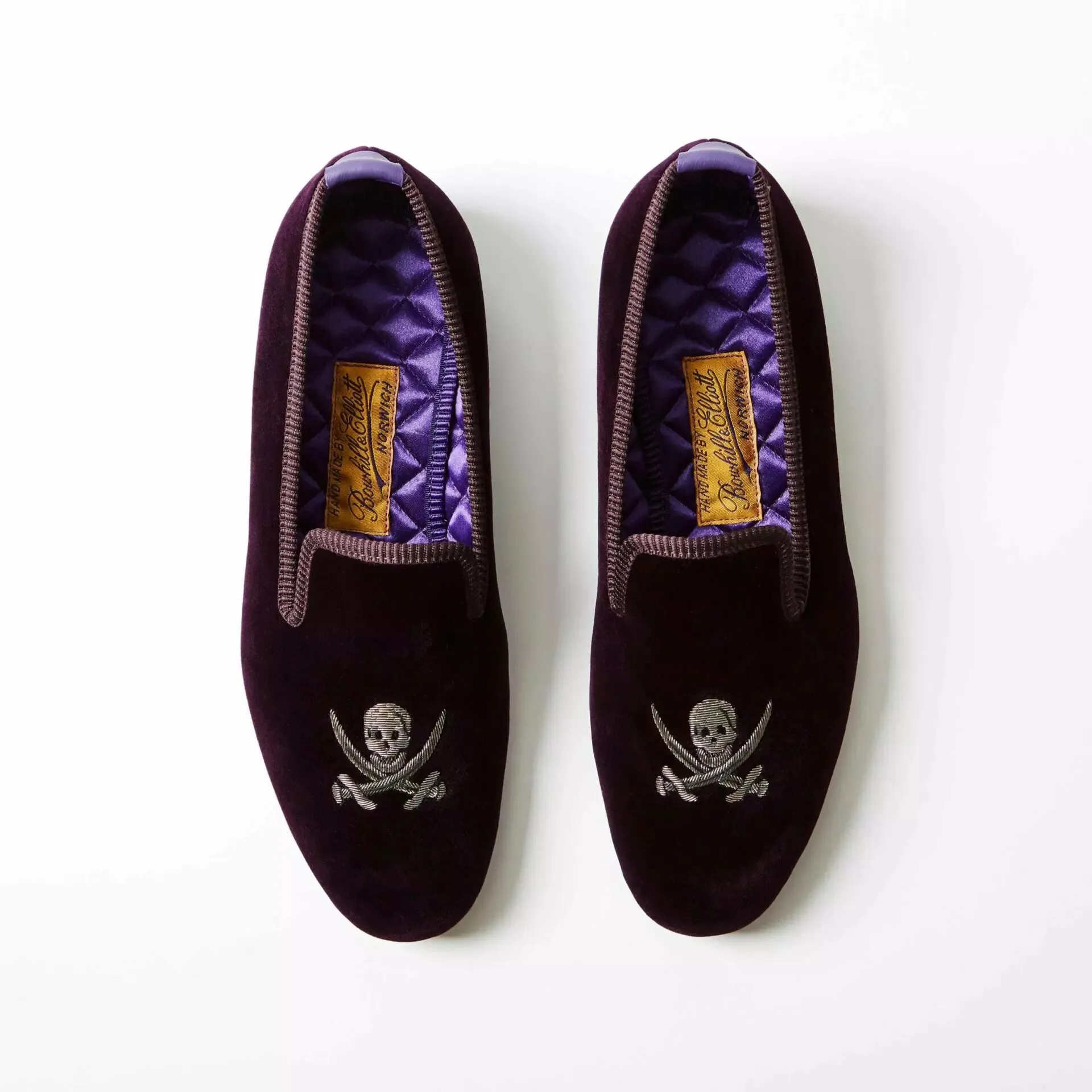 Bowhill & Elliot Regal Velvet Albert Slippers with Embroidered Skull & Sabers