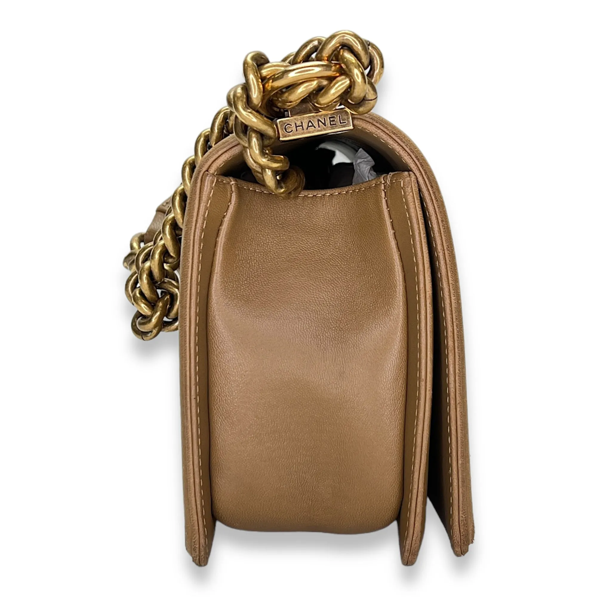 Boy Medium Brown Shoulder Bag in Lambskin, Gold hardware