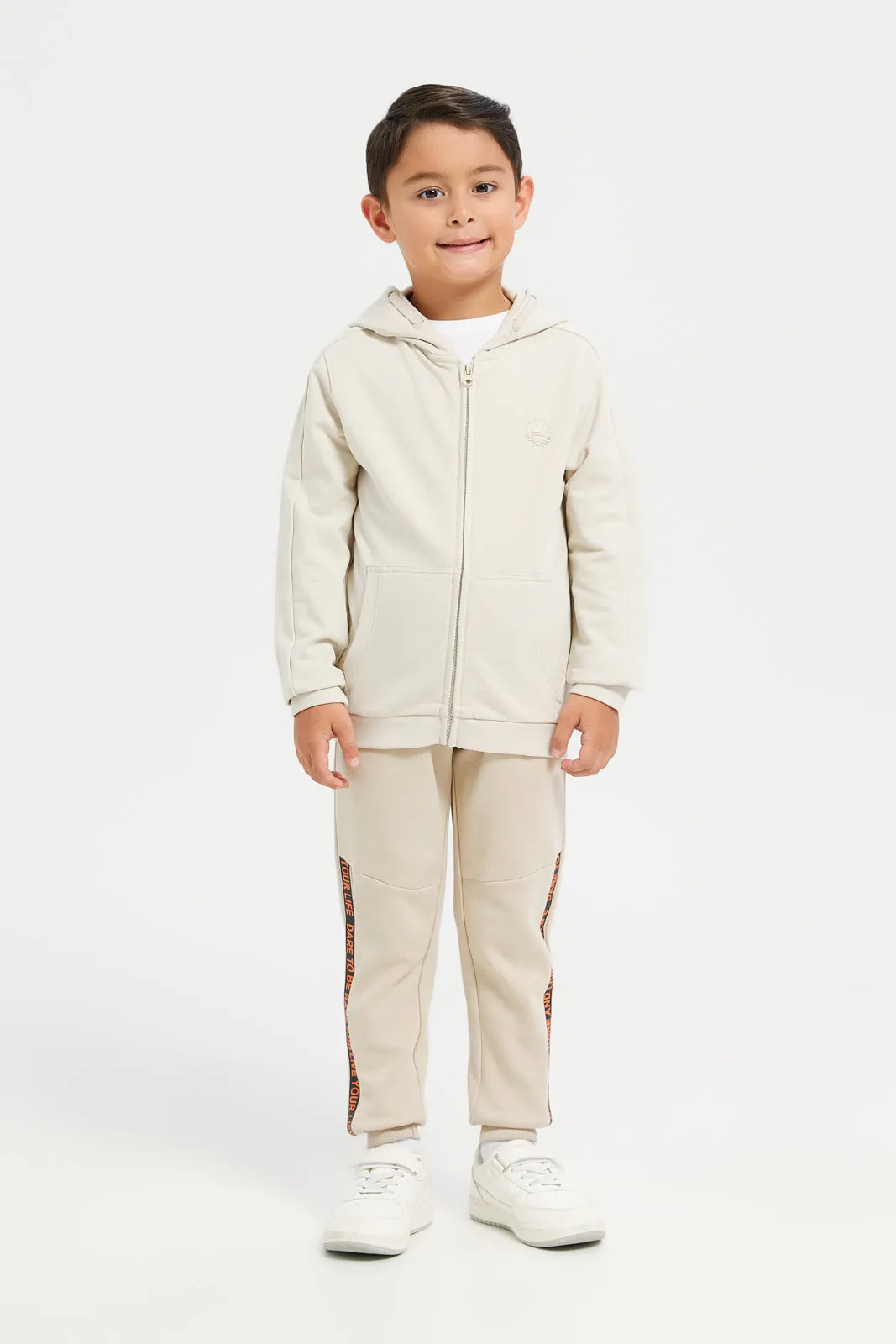 Boys Beige Zipper Front Hooded Sweatshirt