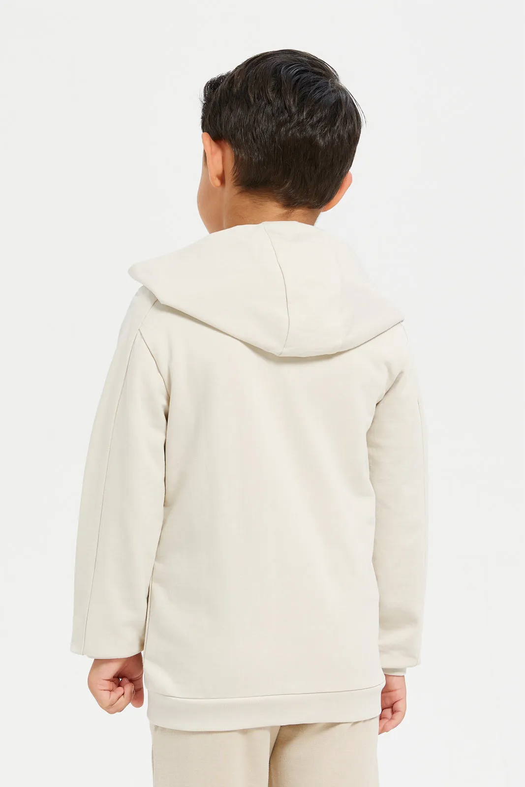 Boys Beige Zipper Front Hooded Sweatshirt