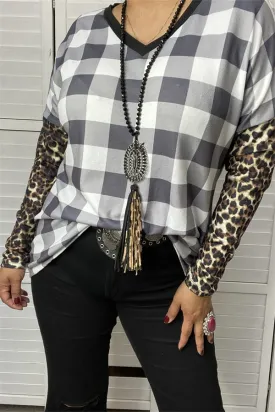 BQ11648 Checked V-neckline leopard printed tighten long sleeve women tops