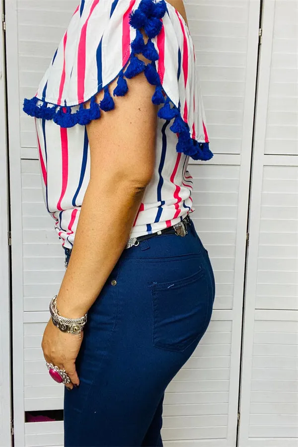 BQ13343-2 Red/navy striped printed w/navy tassels  off shoulder women tops