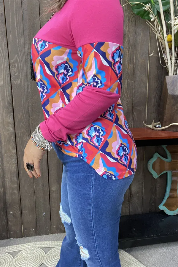 BQ15582 Floral multi color printed & fuchsia long sleeve women tops