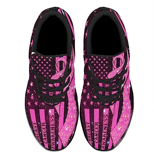 Breast Cancer Awareness Shoes Women Fashion Running Sneakers Breathable Casual Sport Tennis Shoes Black Size 7