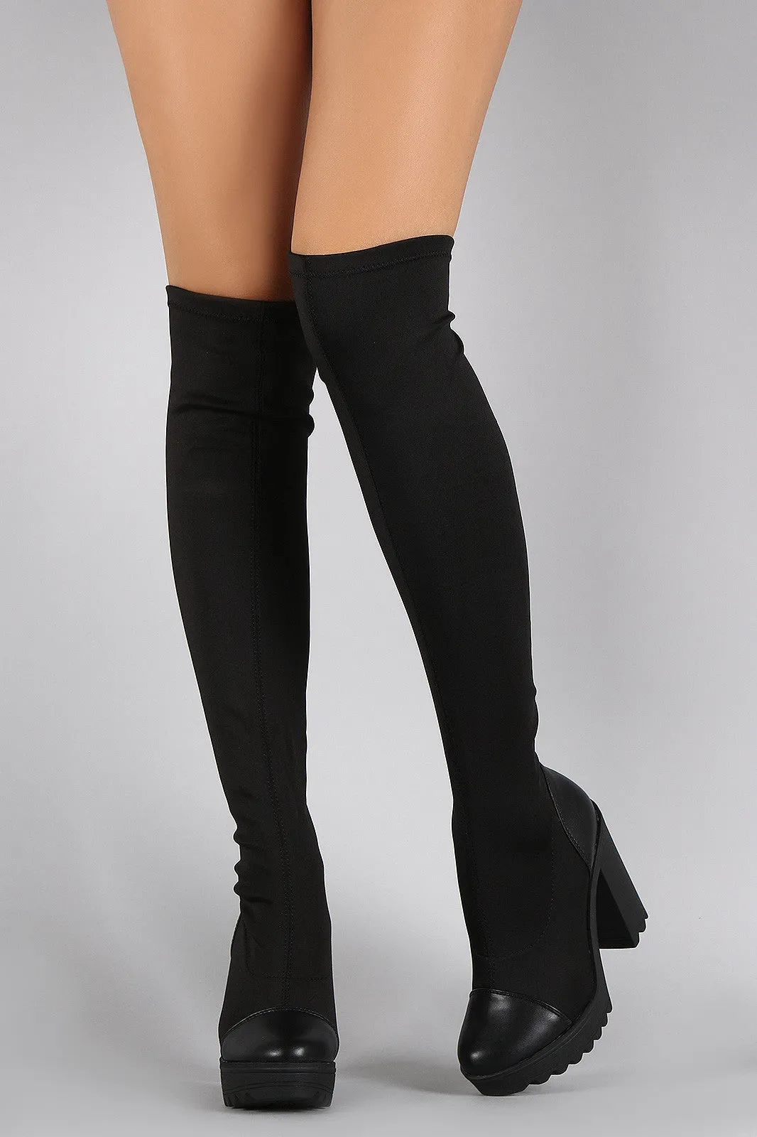 Breckelle Lycra Lug Sole Chunky Heeled Over-The-Knee Boots