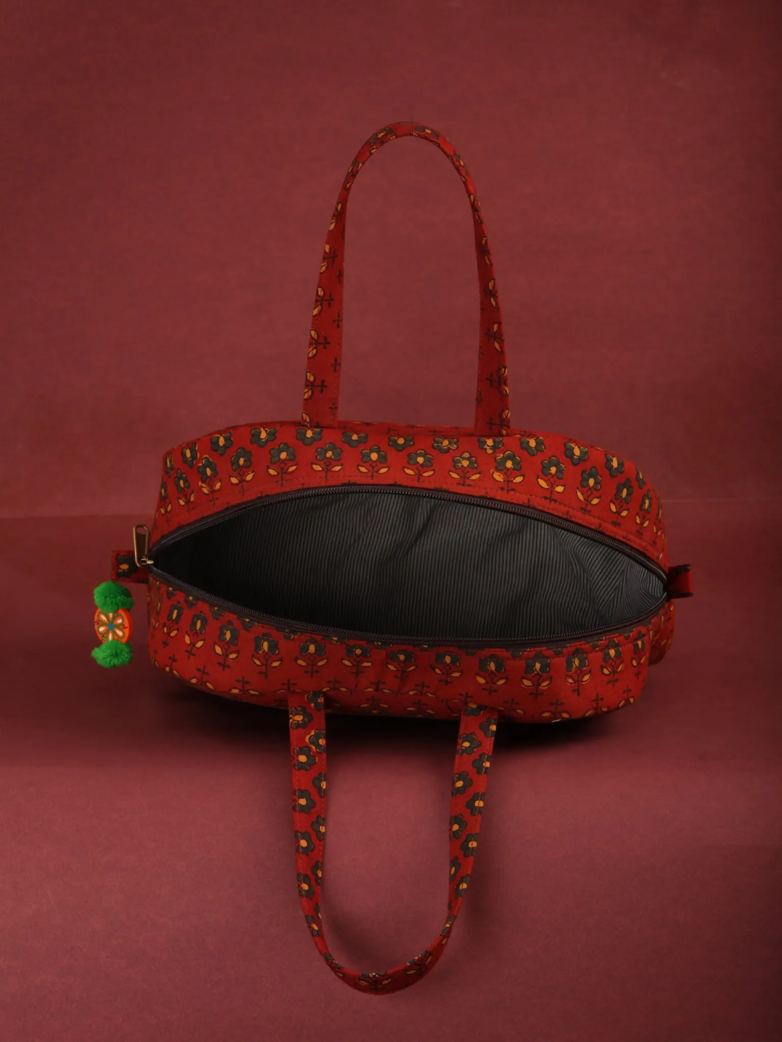 Brick Red Ajrakh Hand Block Printed Bucket Style Hand Bag - B0702