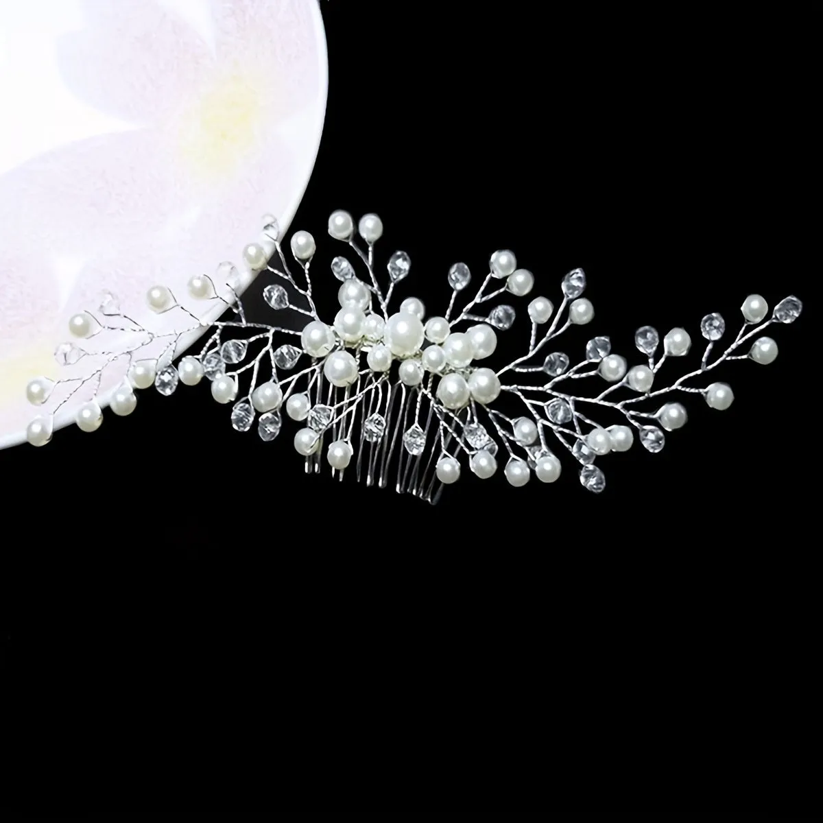 Bridal Crystal Hair Comb with Faux Pearls in Silvery Finish